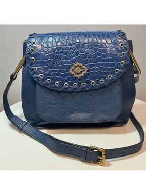orYANY Boho Blue Pebbled Leather & Croc Embossed Crossbody Bag NWOT Retail $398